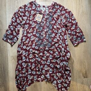Ivy Jane M Skull Print Embroidered Asymmetrical Long Top Flowy Gothic‎ Boho